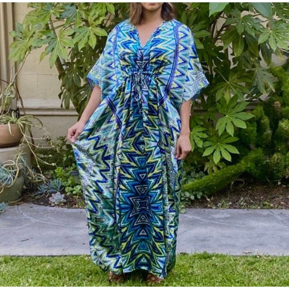 CARESS mixed Blue Drawstring Lounge Swim Coverup Caftan Resort-wear Dress - Picture 5 of 5